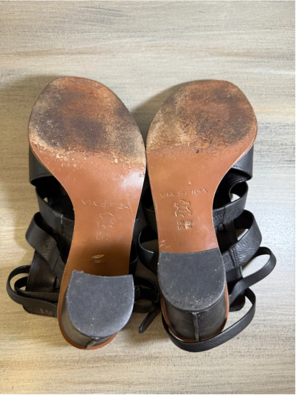 Via Spiga Brandina Black Leather Strappy Block Heel Cage Sandals Size 9M